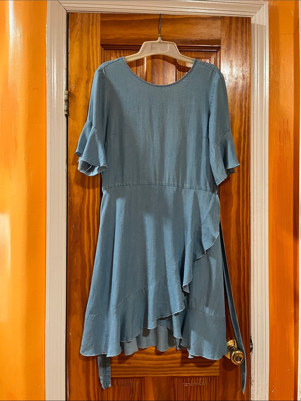 Women's Blue Ruffle Faux Wrap  Midi Feminine Summer Dress Asymmetrical Crew Neck